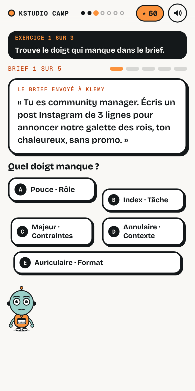 Capture de l'exercice 1 : un brief, et cinq réponses, du pouce à l'auriculaire, pour trouver ce qui manque.
