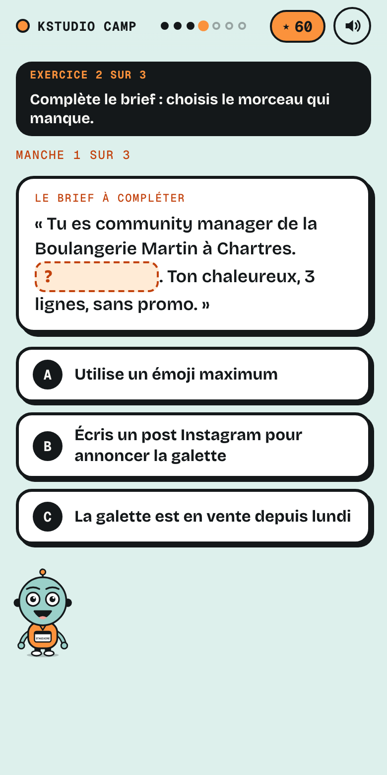 Capture de l'exercice 2 : un brief avec un blanc à remplir et trois morceaux au choix.